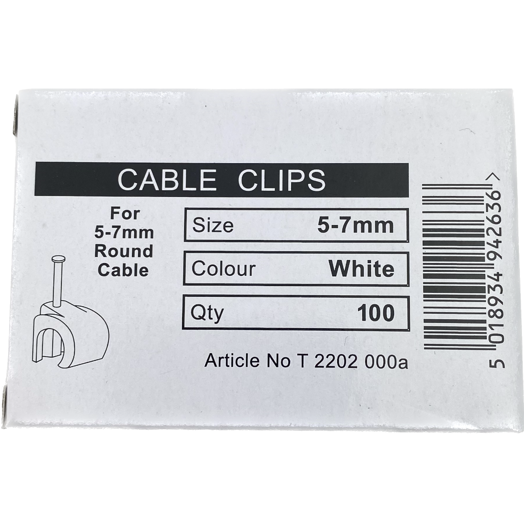 5-7mm White 'C'  Cable Clips (100 Pack)